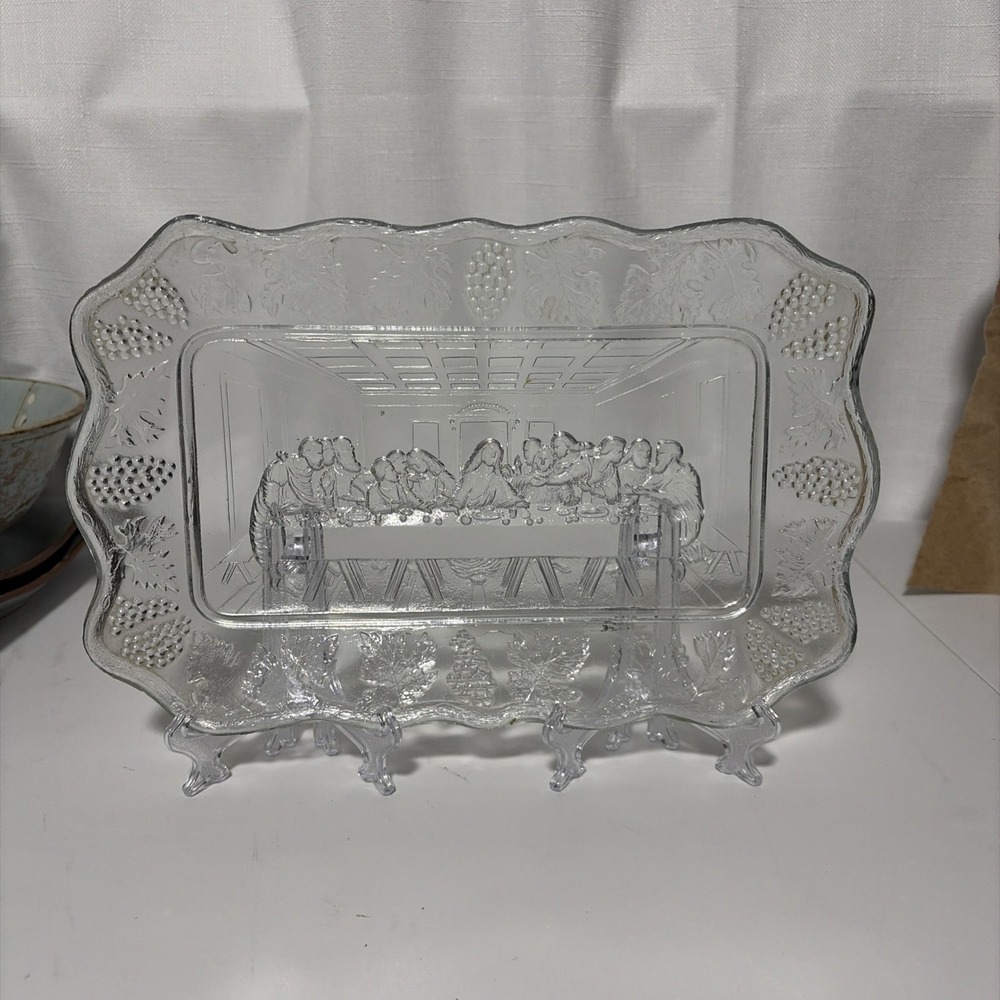 The Lords Supper Clear Pressed Glass Rectangular Plate Detailed Religious Decor